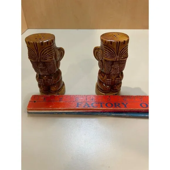 Vintage Bob Lees Islander Tiki Salt & Pepper Shaker Set Ceramic Brown Polynesian - Picture 10 of 11